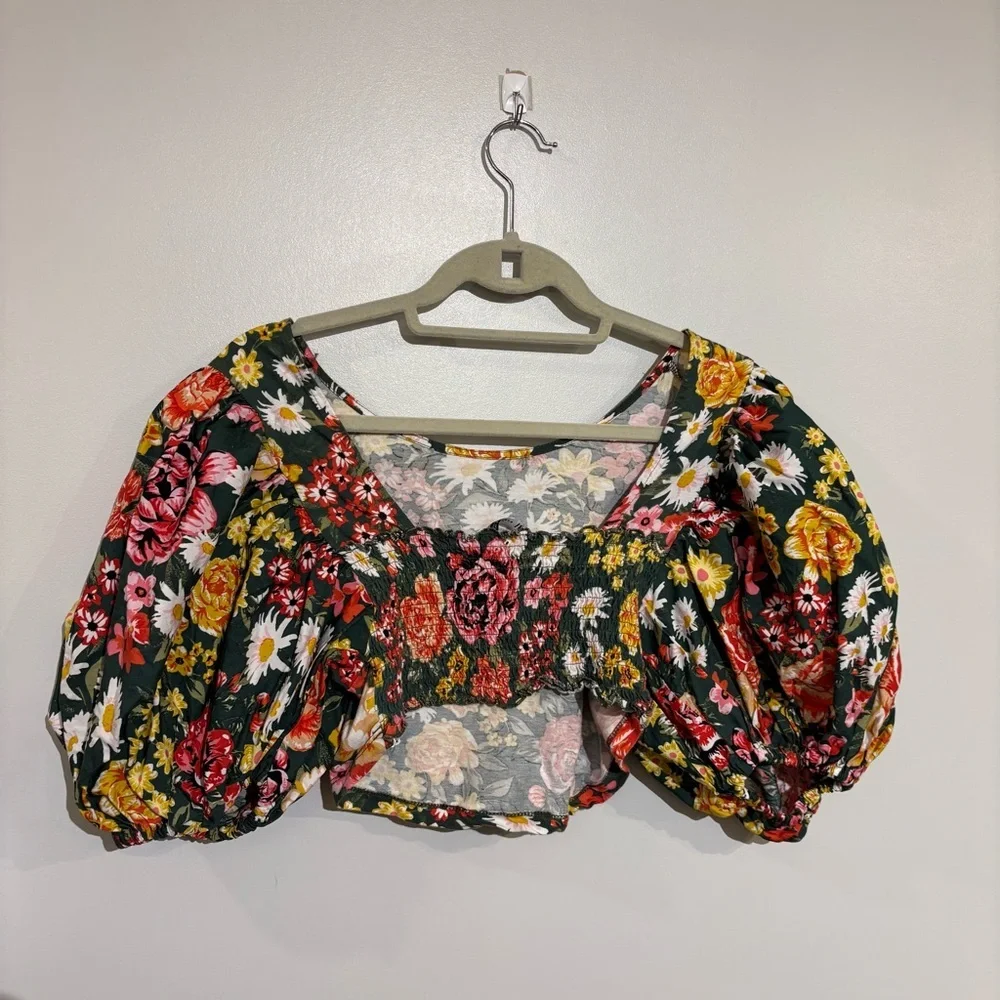 Zara Puff Sleeve crop top smocked back 100% Cotton - Picture 5 of 8